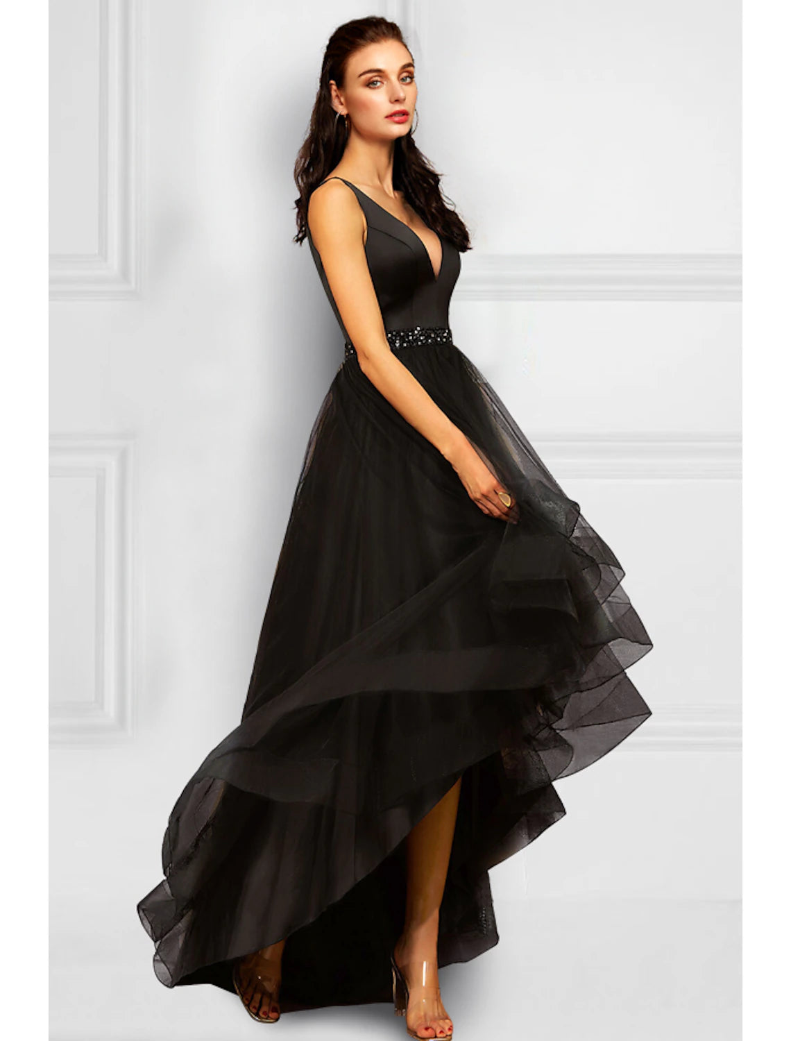 Abiti da cocktail a trapezio, eleganti, da festa, da matrimonio, asimmetrici, senza maniche, con scollo a V, in organza con volant di strass